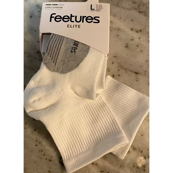FEETURES Elite LIght Cushion WHITE Cush Quarter Socks Ankle LARGE No Blisters - Picture 1 of 2